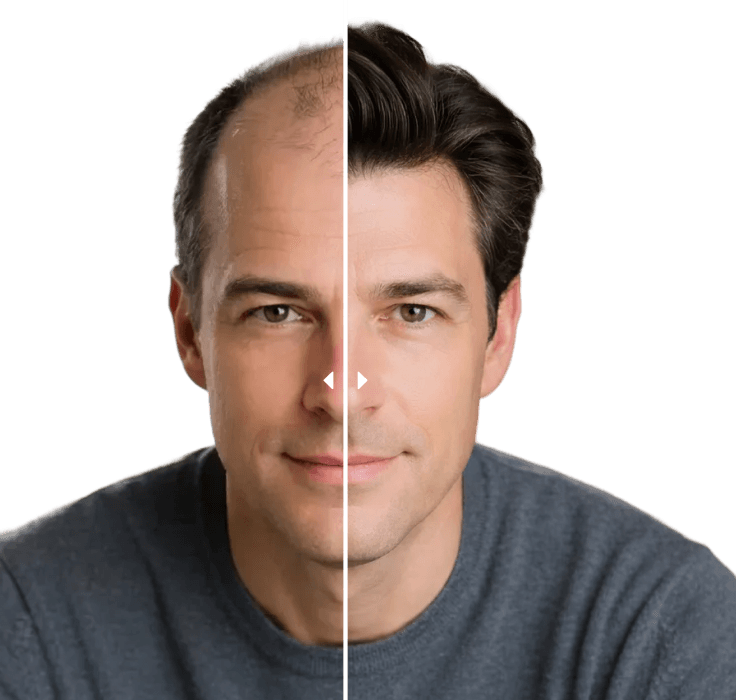 Hairloss AI scan comparison slider splitting the same man's face between a thinner and a fuller hairline