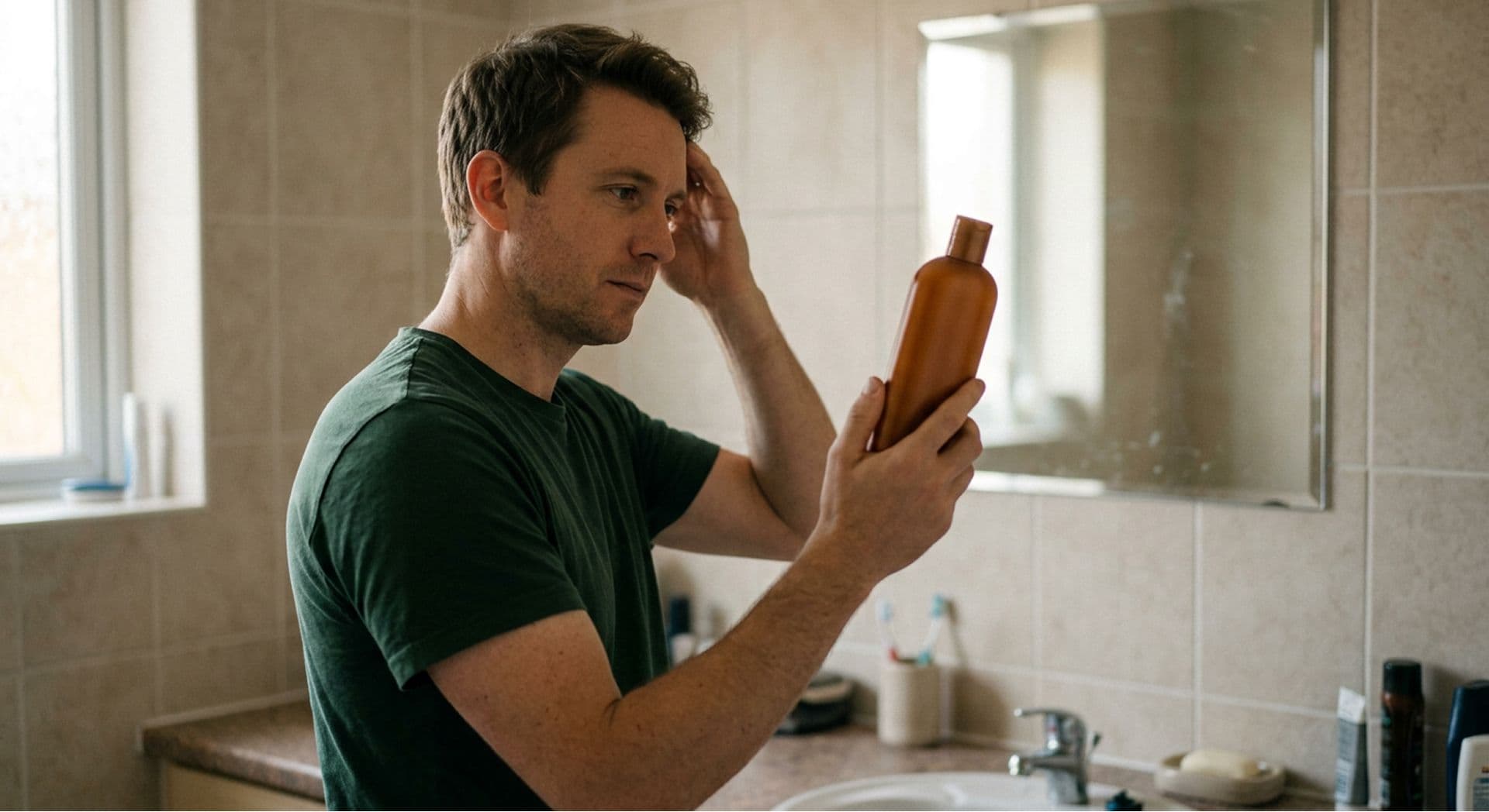 Man in a bathroom checking his hairline while holding a bottle of shampoo