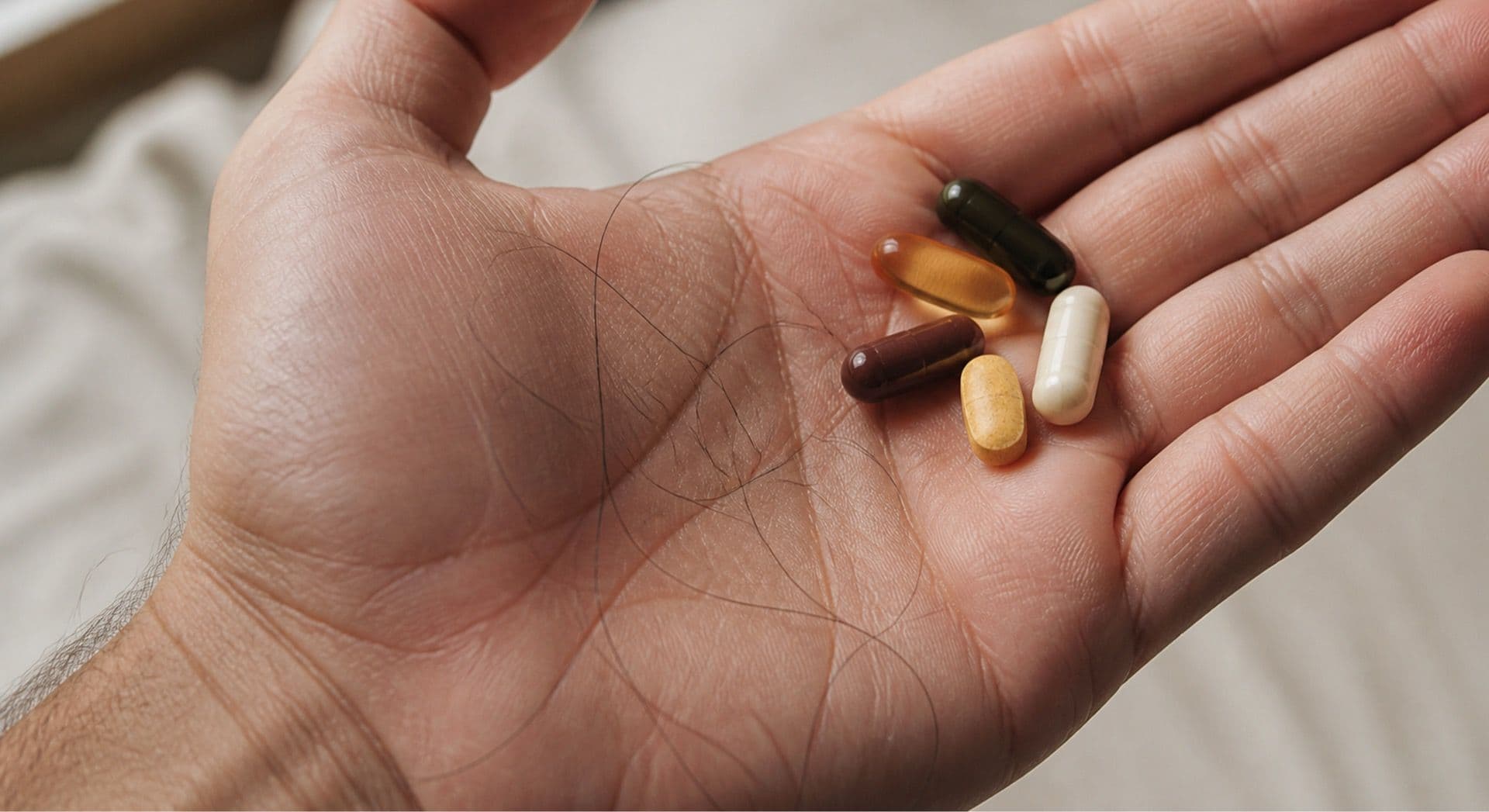 Hand holding assorted supplement capsules alongside several shed hairs