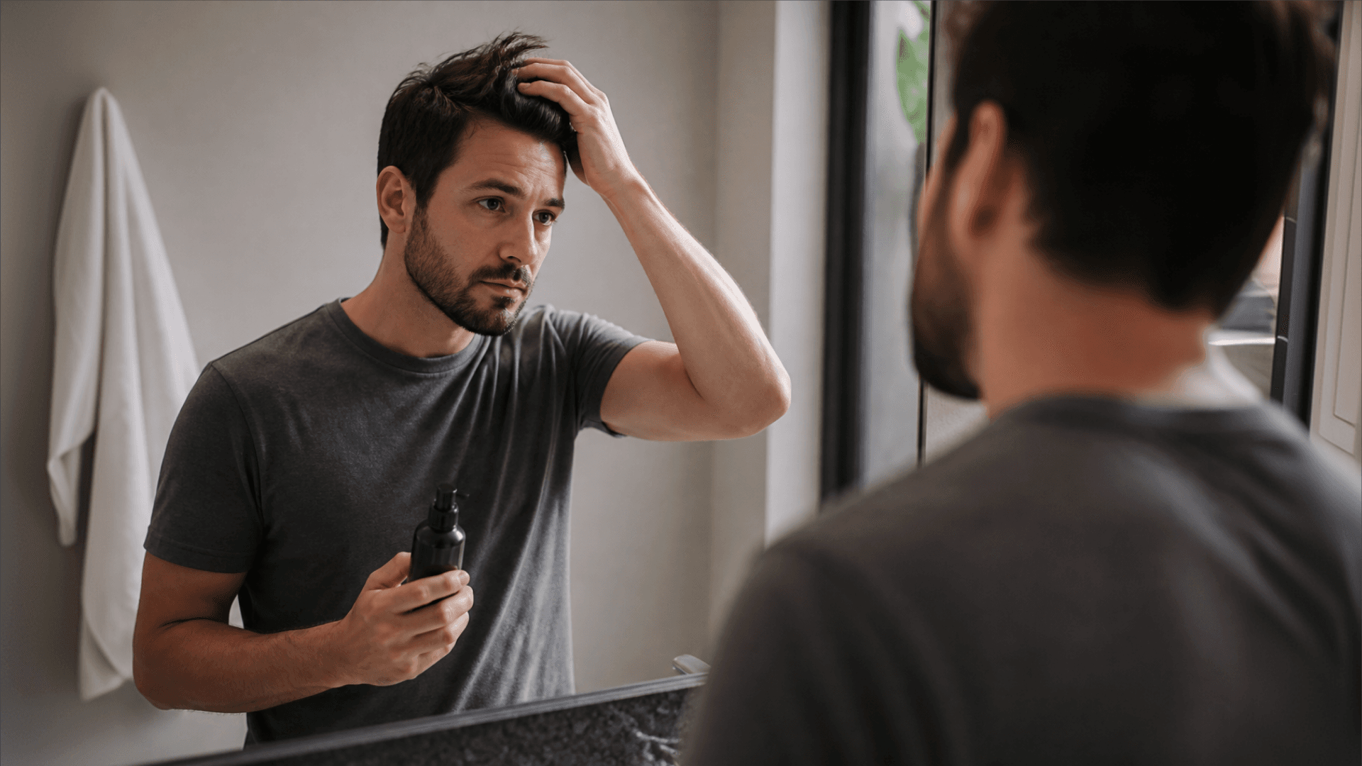 Man in a bathroom mirror applying a hair thickening product