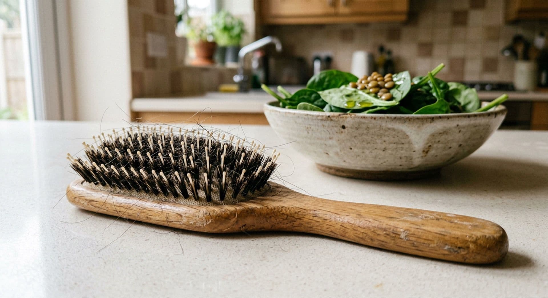 Hairbrush with shed hairs on a kitchen counter beside a bowl of spinach and lentils