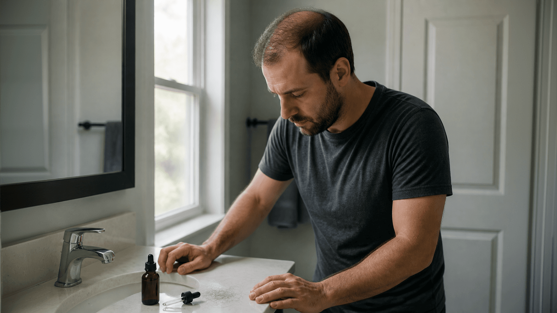 Man applying minoxidil to his hair at a bathroom sink