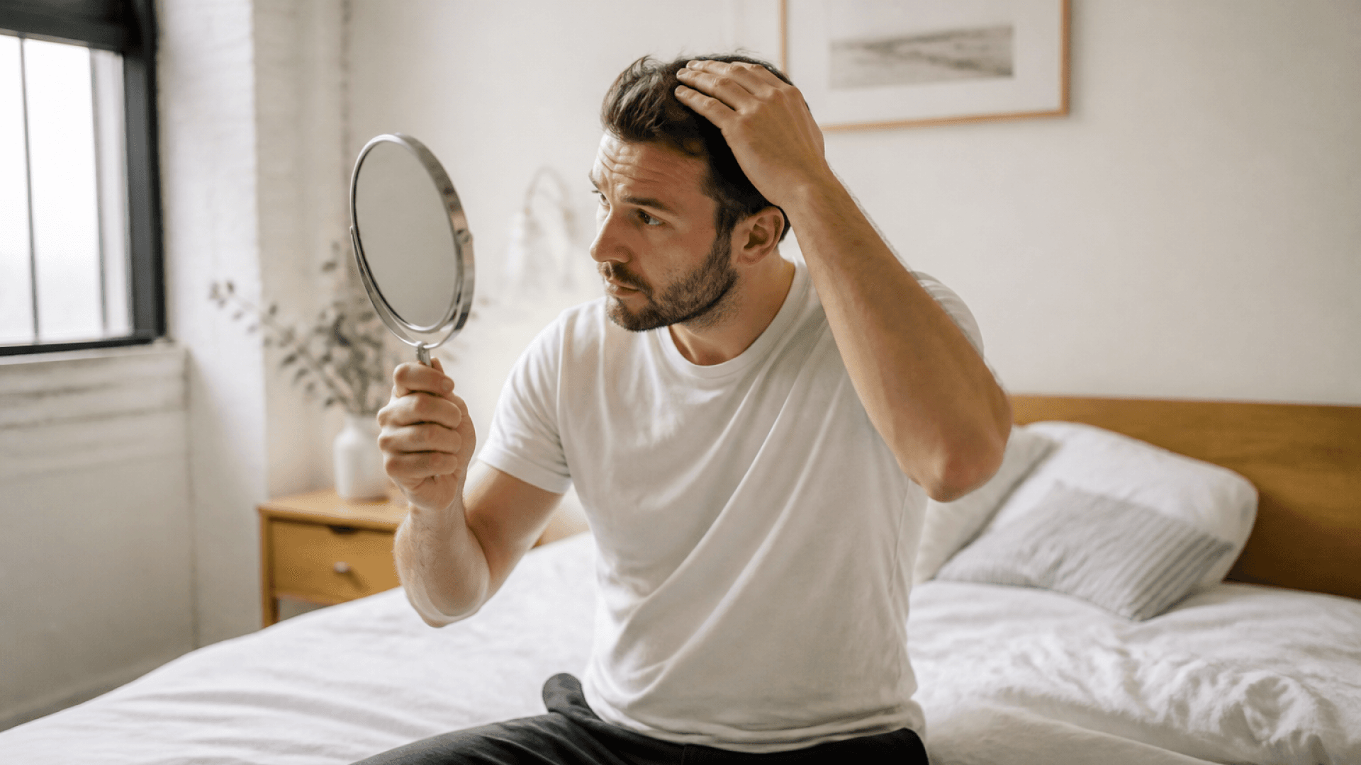 Man in a bedroom running his hand through his hair while checking a hand mirror