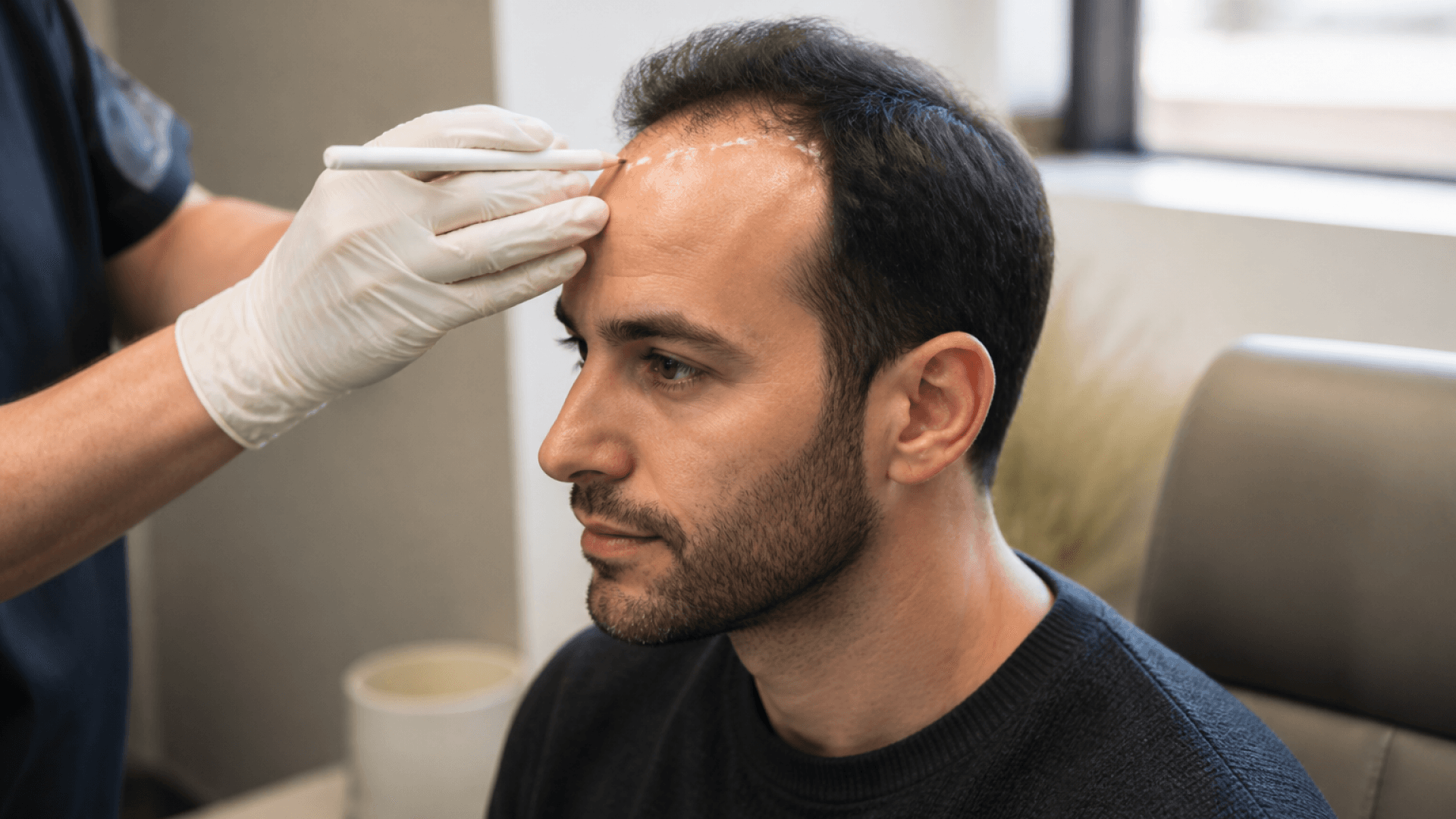 Clinician in gloves marking a hairline design on a patient's forehead