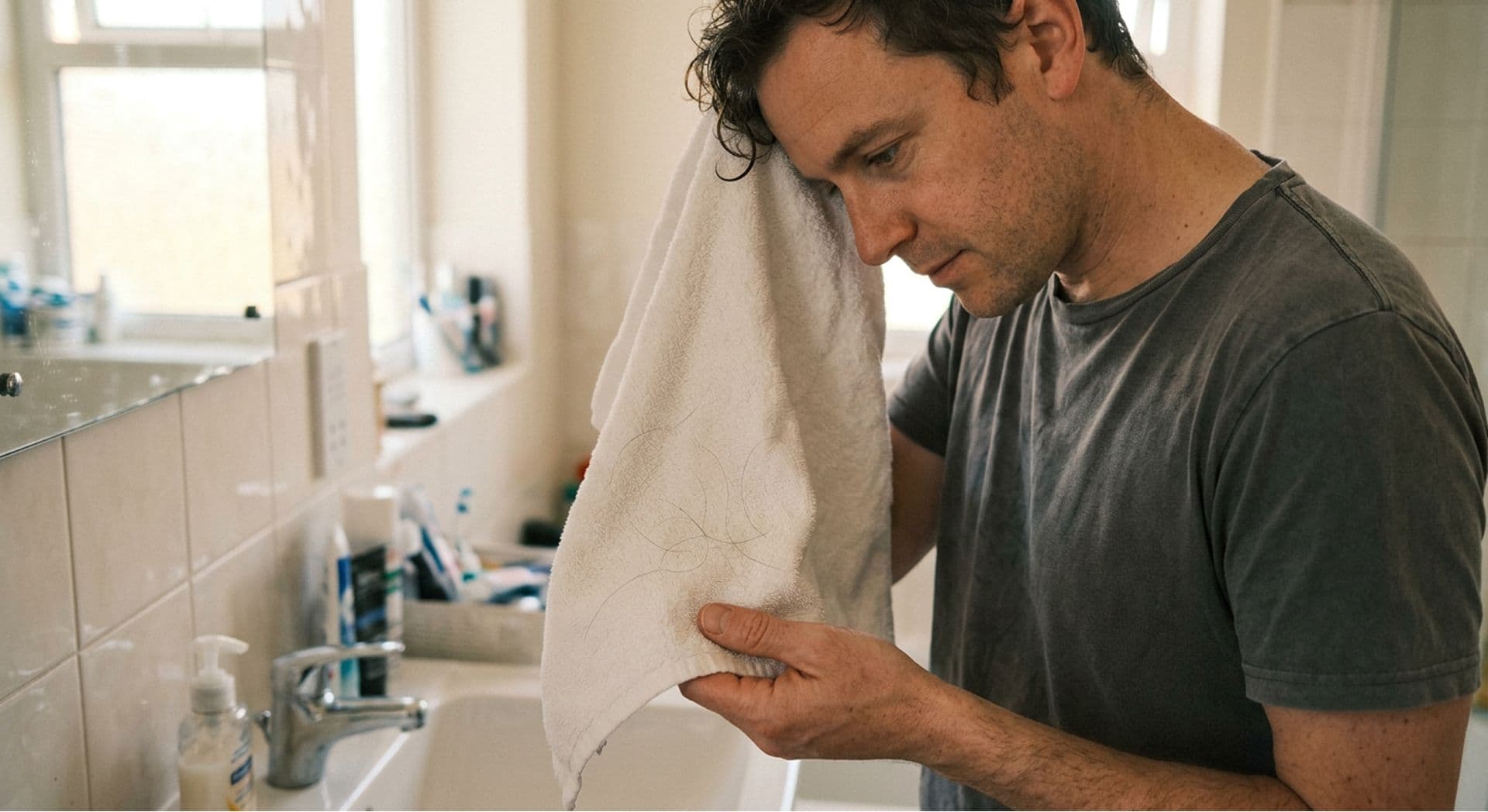 Man looking at loose hairs left on a towel after washing his hair