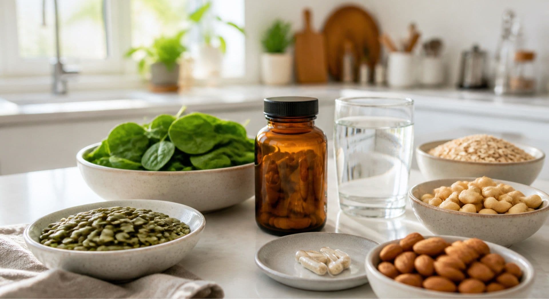 Kitchen counter with bowls of spinach, lentils and nuts beside a supplement bottle