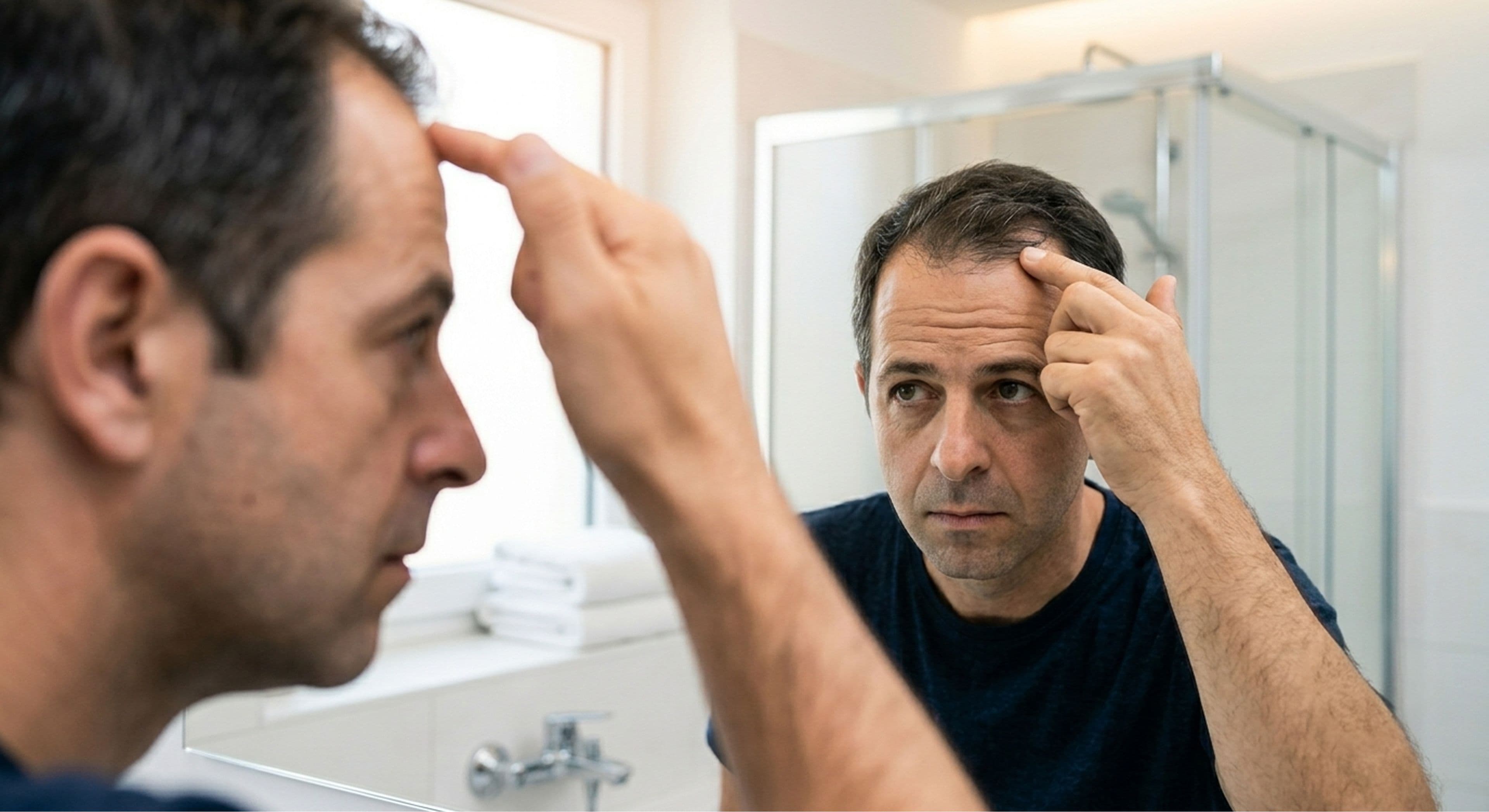man checking receding hairline in mirror