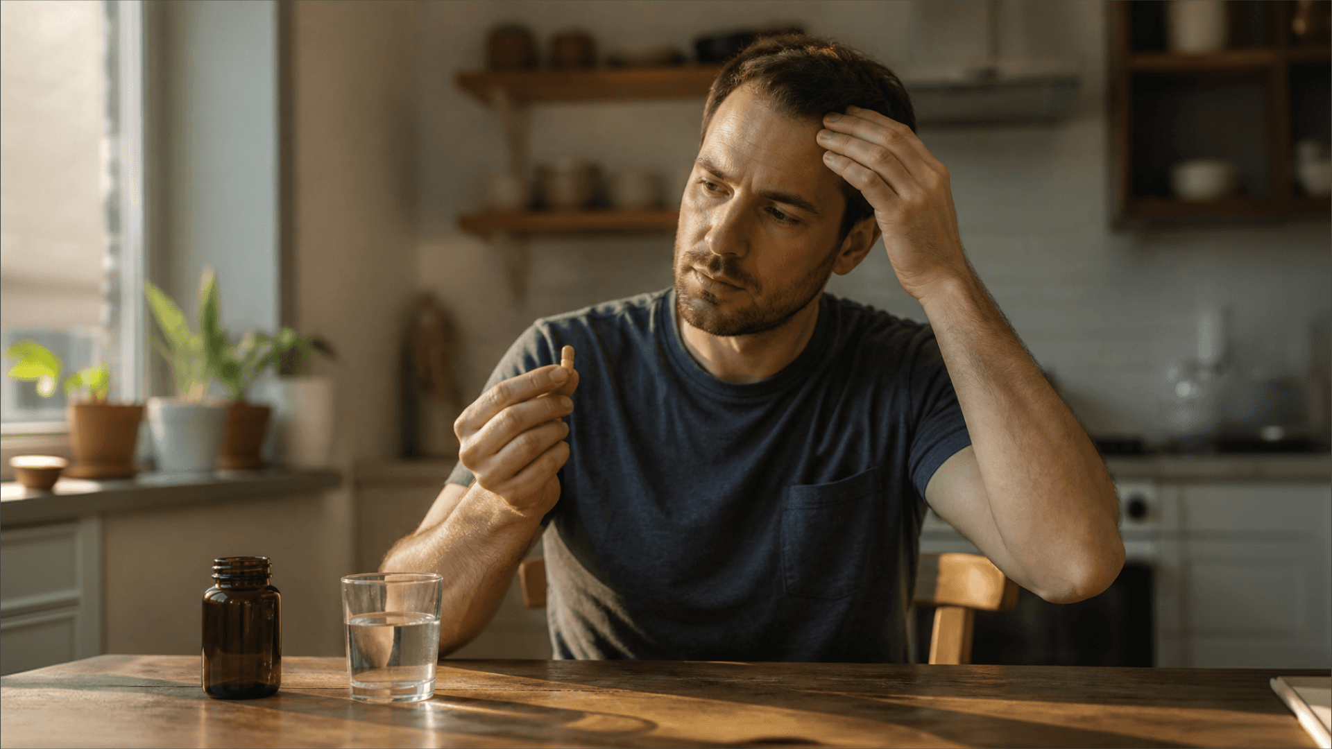Man sitting at a kitchen table checking his hairline while holding a supplement capsule