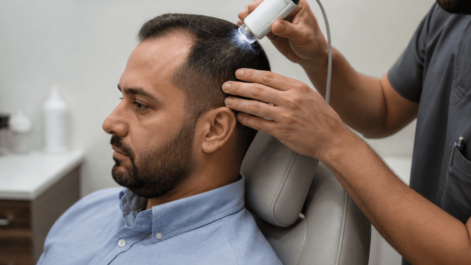 Clinician using a handheld scanning device on a patient's scalp in a clinic