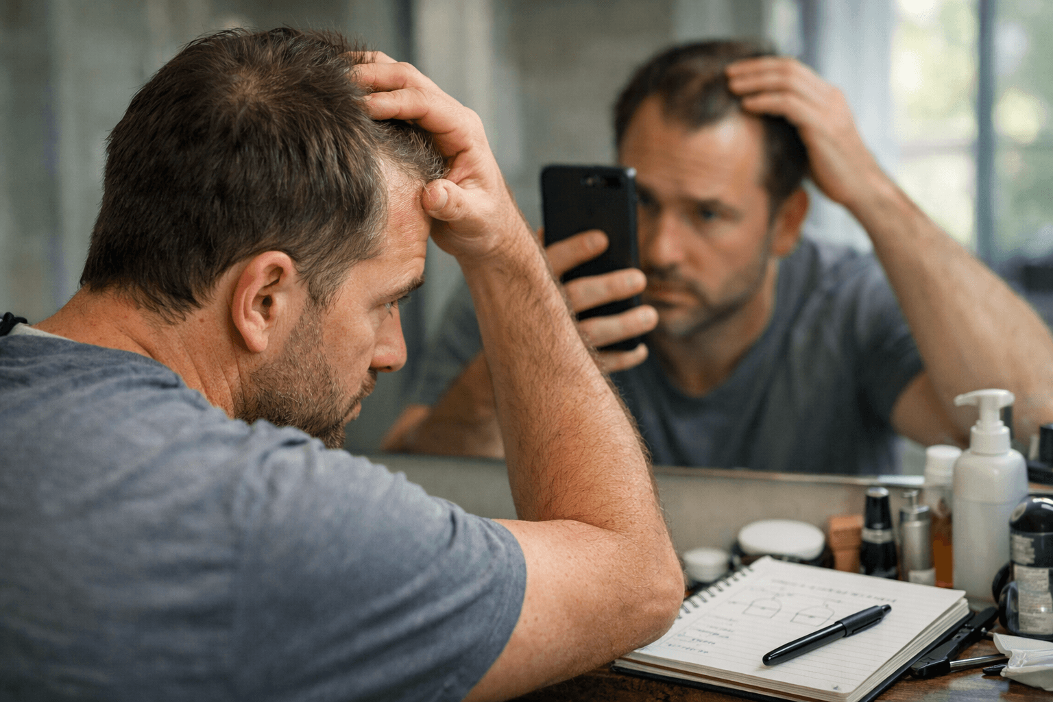 Man checking his thinning hairline in a bathroom mirror while holding a phone