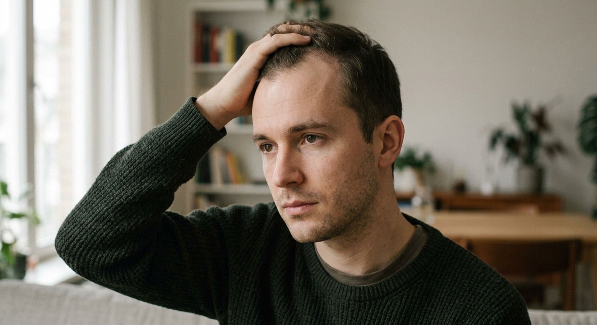 Young man lifting his cap to reveal a receding hairline at the temples