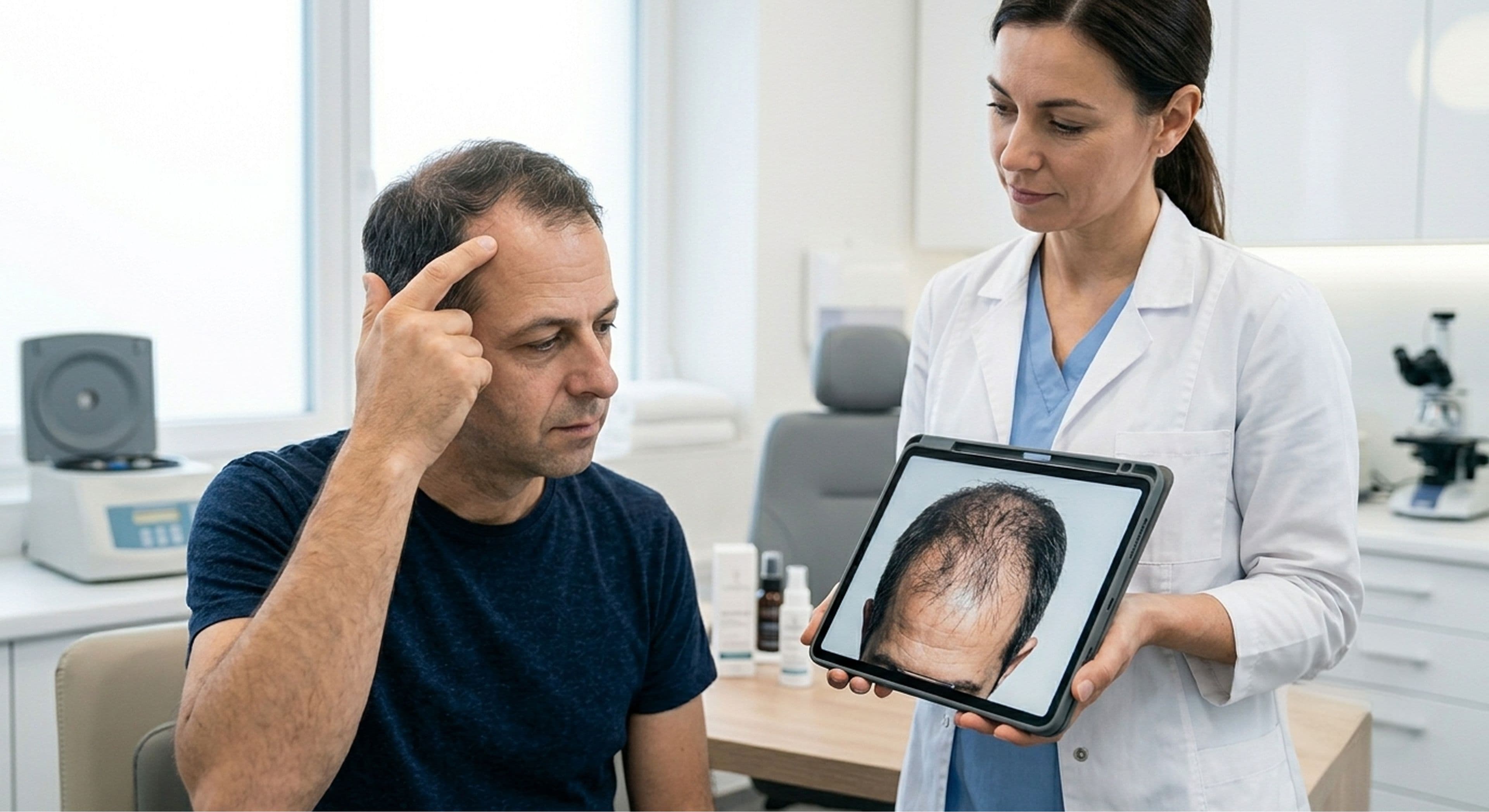 Doctor and patient comparing the current hair loss condition with a scalp photo on a tablet during a hair loss consultation
