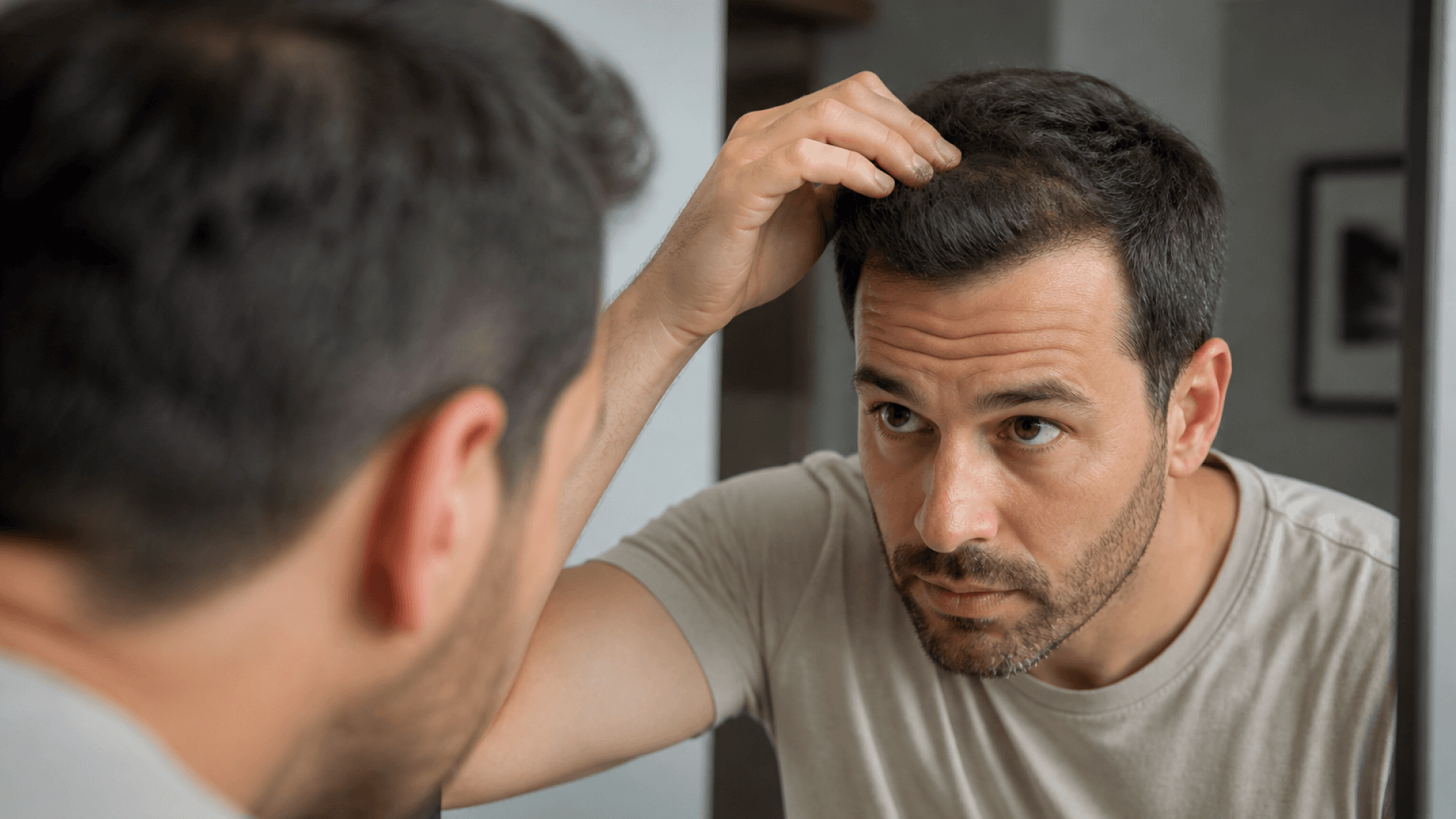 Man checking his hairline in the mirror after a hair transplant