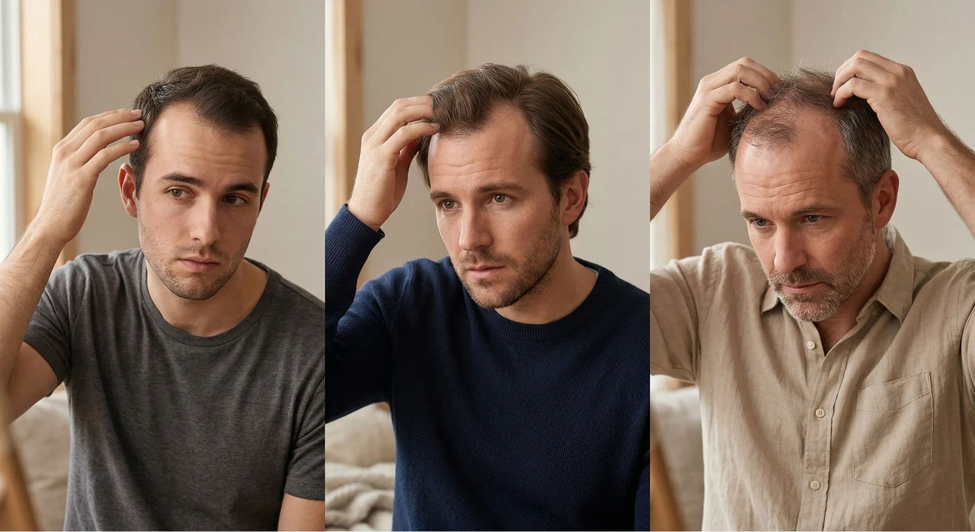 Three men showing different stages of male pattern baldness and hair thinning