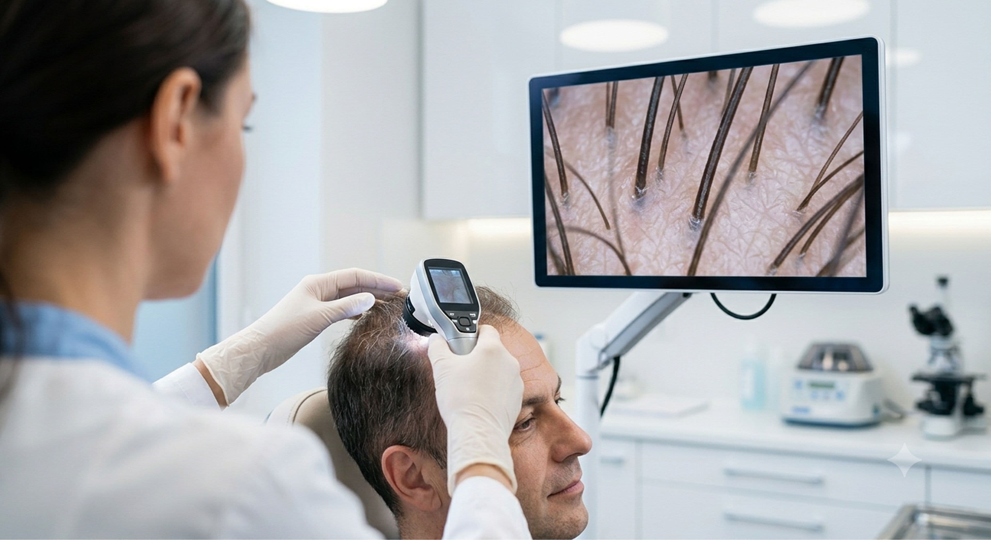 professional scalp and hair analysis using a digital trichoscope in a dermatology clinic