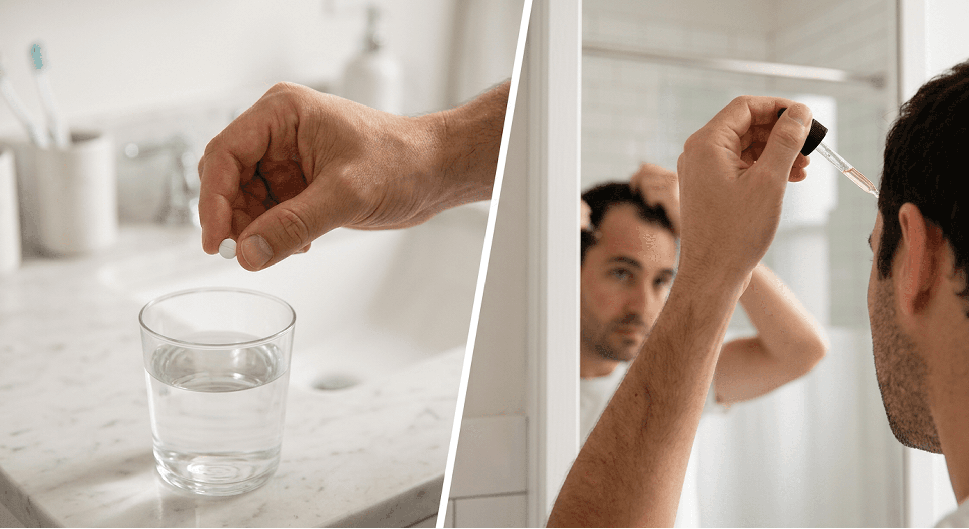 Different types of minoxidil for hair loss treatment, including oral minoxidil tablets taken with water and topical liquid minoxidil applied directly to the scalp with a dropper for hair growth and hair regrowth.