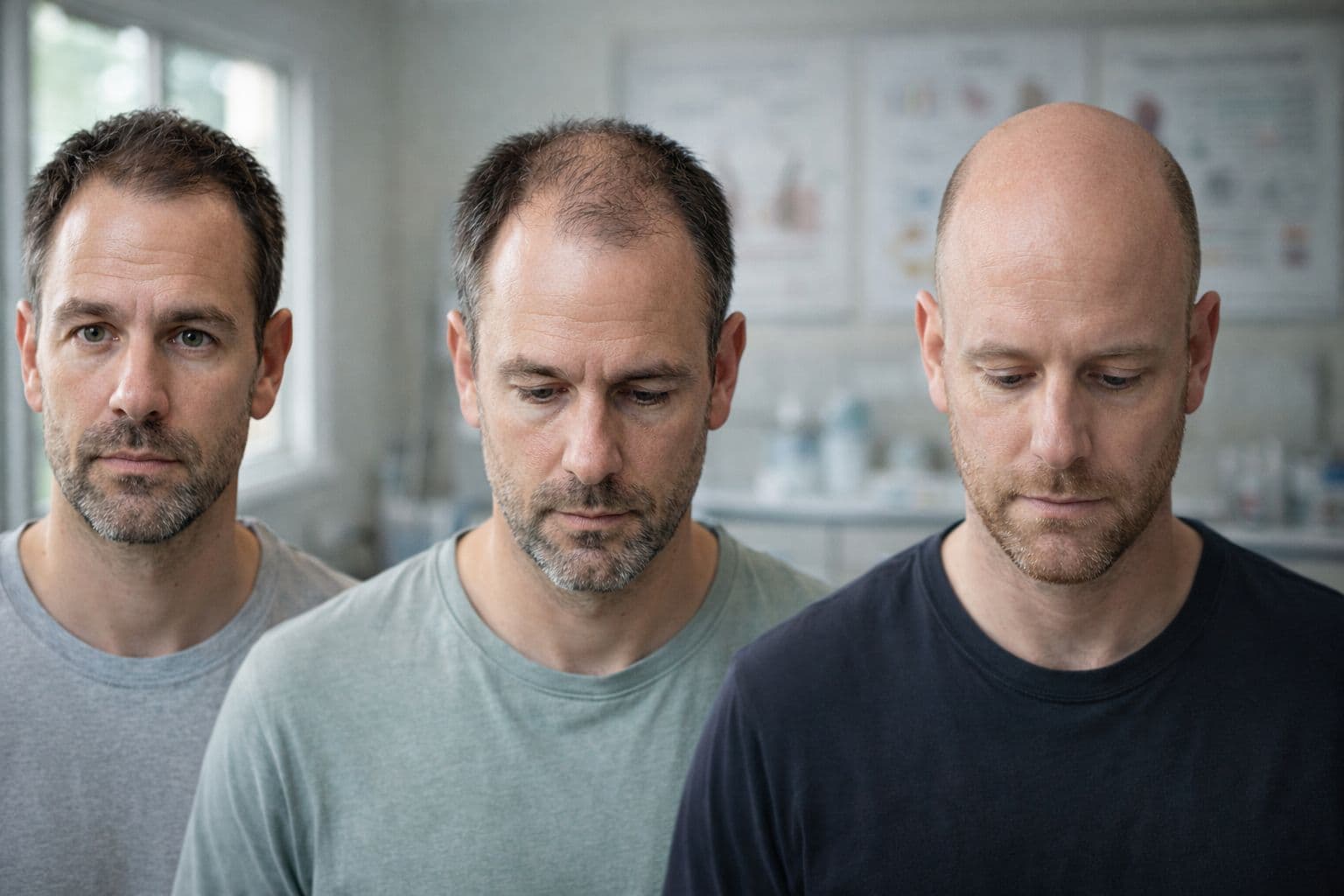 Three men showing different stages of male pattern baldness and hair thinning