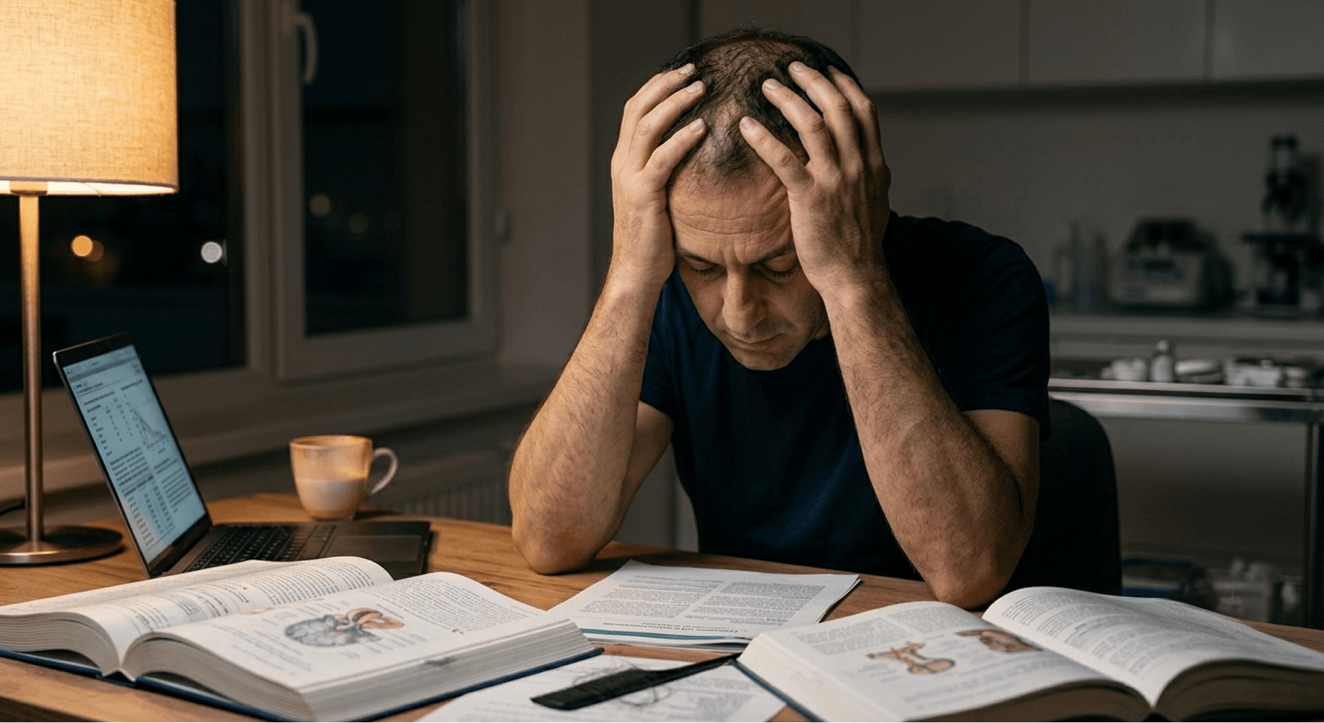 Stressed man with thinning hair sitting at a desk