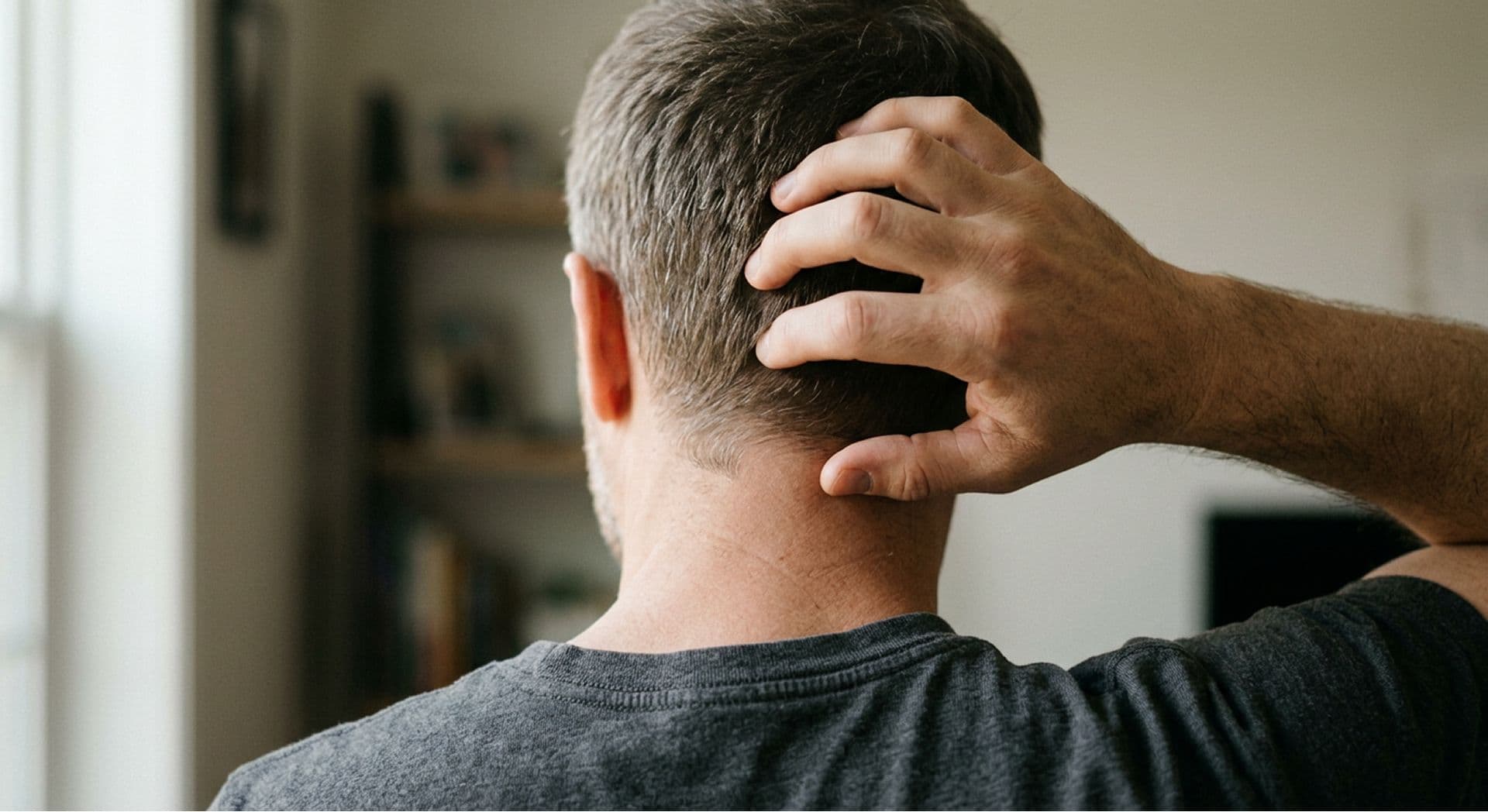 Man seen from behind with his hand on the back of his head near the donor area